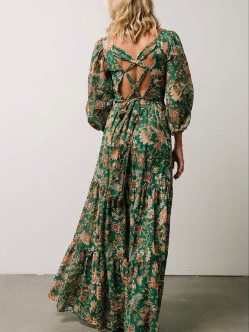 Baltic Born Green Floral Smocked Maxi Dress with Puff Sleeves - Picture 2 of 10